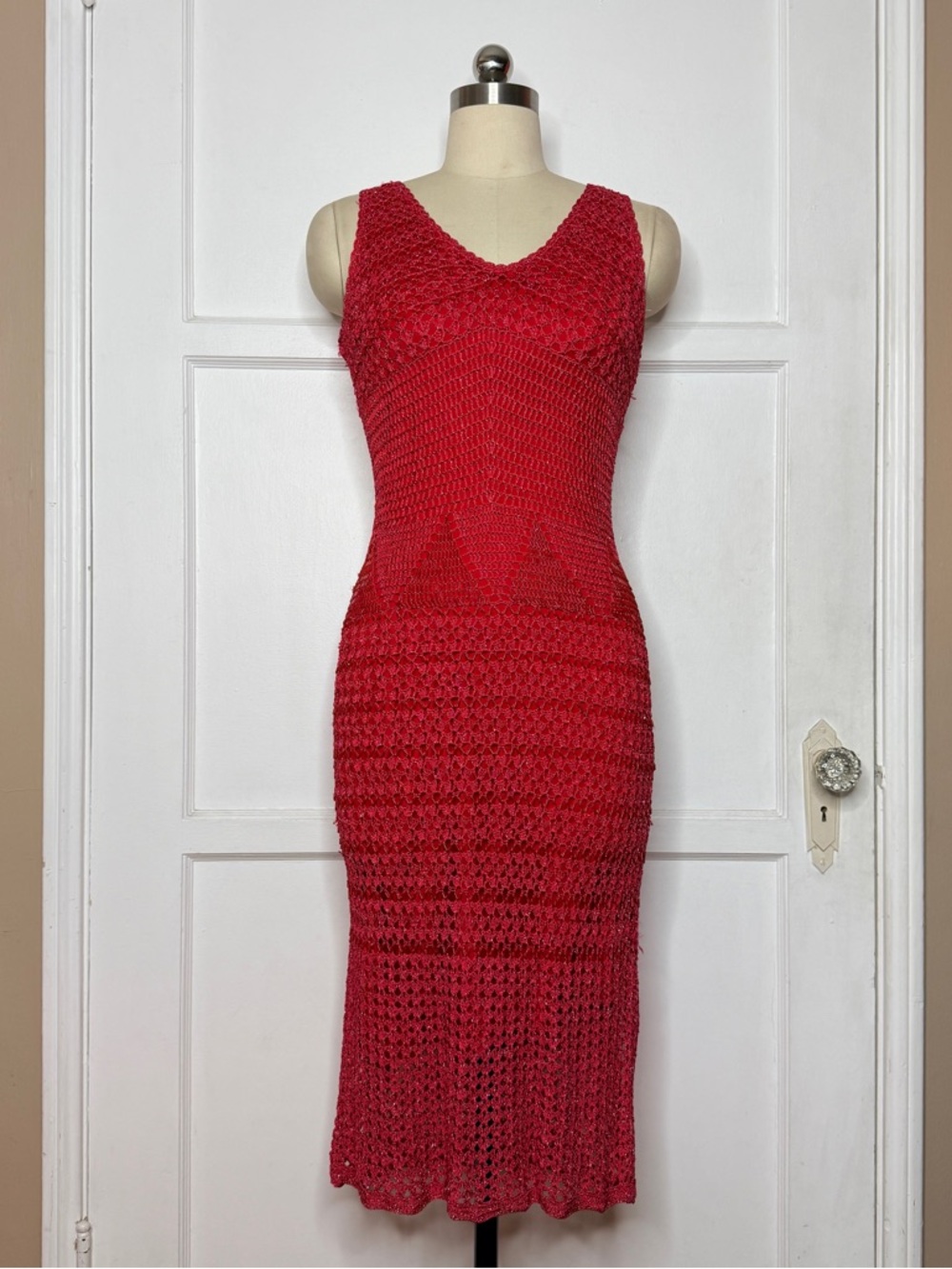 Red crochet midi dress